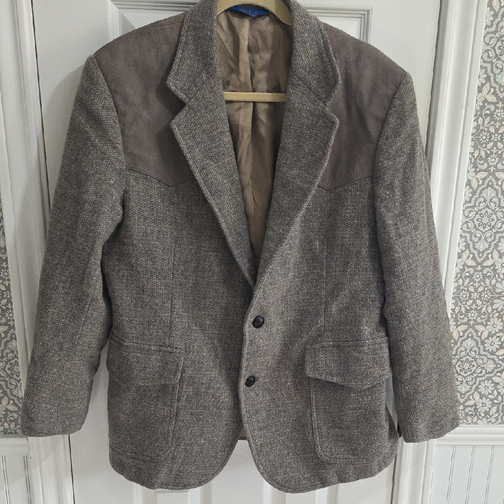 Pendleton Brown Tan Wool Suede Blazer Coat Double Button Elbow Patch Size 42 R​
